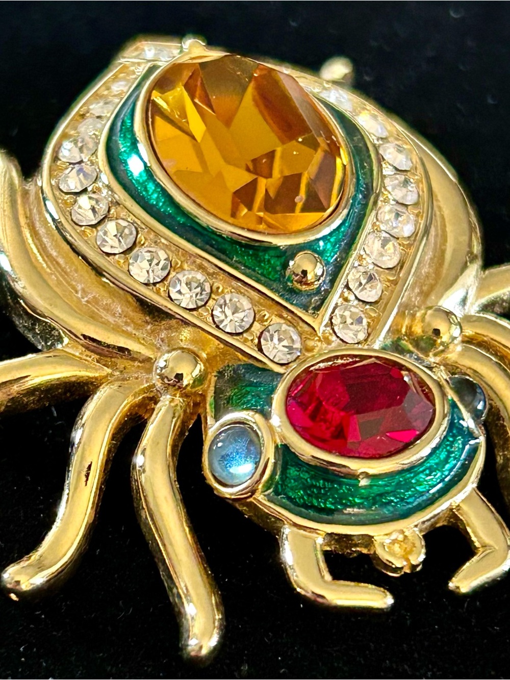 Kenneth Jay Lane KJL Gold-Tone Beetle Spider Brooch Amber, Red & Emerald Accents